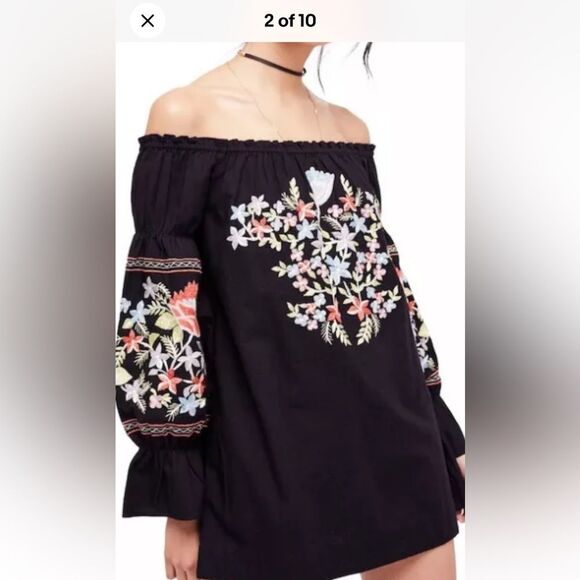 Free People Fleur Du Jour Black Floral long sleeve Embroidered Mini Dress XS-M - Picture 7 of 10